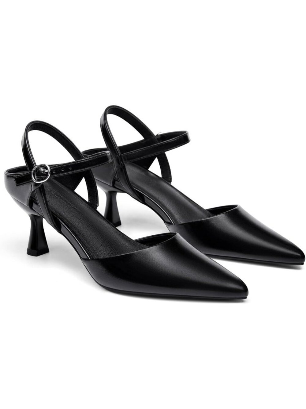Women's Black Kitten Heels Dress Shoes Closed Pointed Toe Adjustable Strap Heel